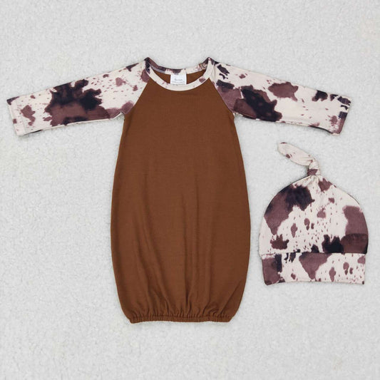 NB0023 Ink pattern brown long-sleeved nightgown+hat