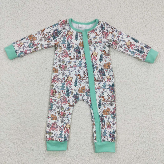 LR0296 Christmas cartoon dog green zipper long sleeve jumpsuit