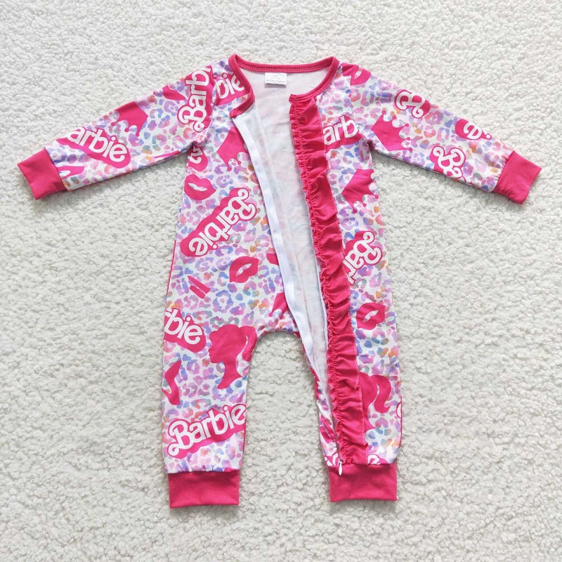 LR0481 Alphabet Pink Leopard Rose Lace Zipper Long Sleeve Bodysuit