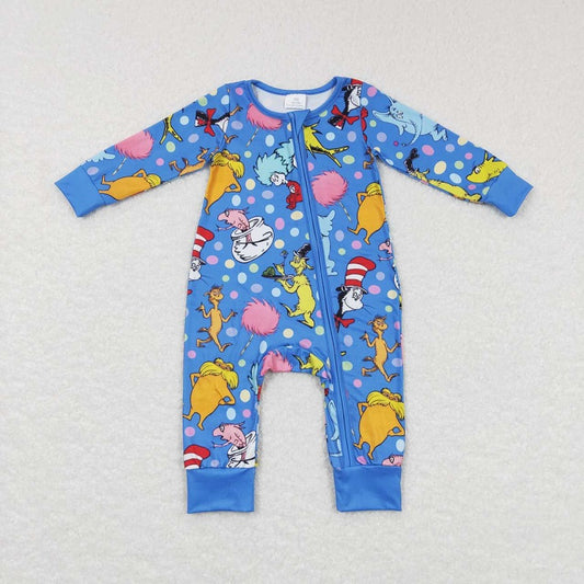 LR0784 Cartoon colorful polka dot blue zipper long sleeve jumpsuit