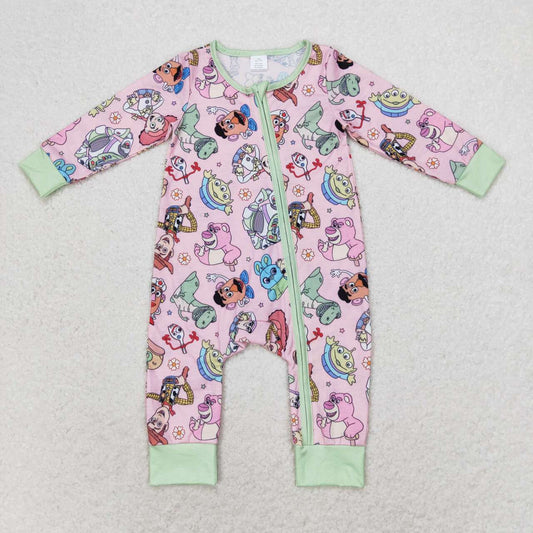 LR0970 Bamboo Cartoon pink and green zipper long-sleeved jumpsuit