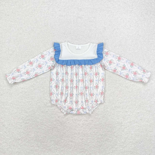 LR1412 Pink long-sleeved bodysuit with ghost pumpkin bow pattern and purple lace