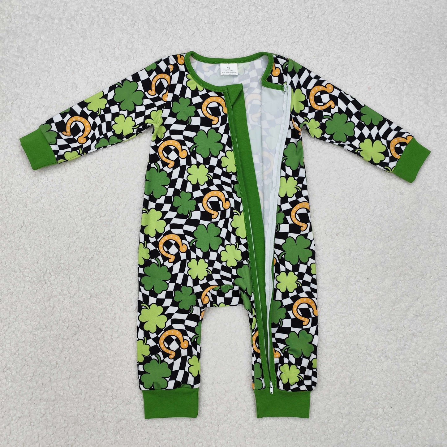 LR2090 Four Leaf Clover Black and White Plaid Zipper Long Sleeve Bodysuit