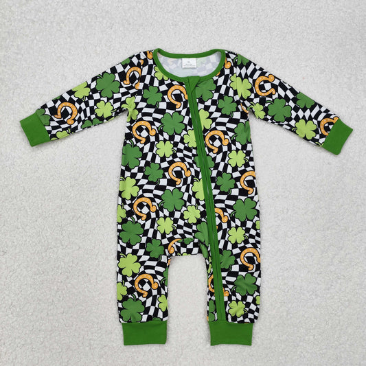 LR2090 Four Leaf Clover Black and White Plaid Zipper Long Sleeve Bodysuit