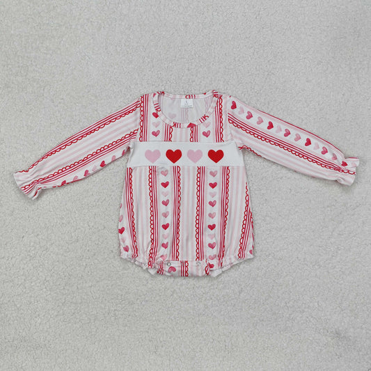 LR2134  Valentine's Day Heart Lace Stripe Pattern Pink and White Long Sleeve Bodysuit