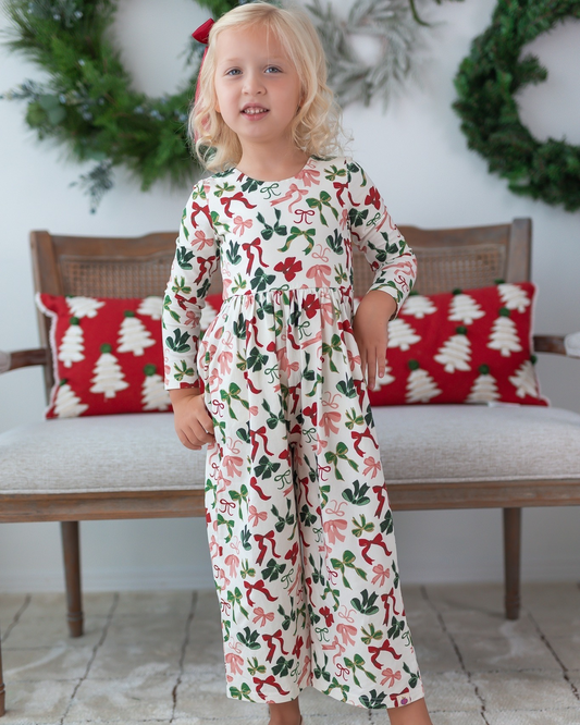 presale LR2192 Baby Girls Long Sleeves Colorful Bows Pockets Christmas Jumpsuits  D 5.8