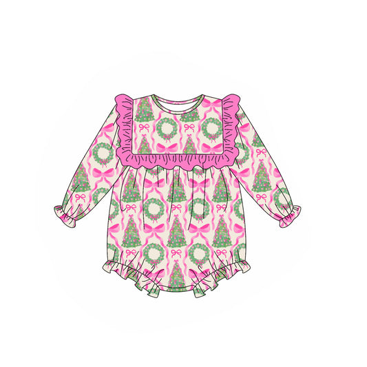 presale LR2202  Baby Girls Long Ruffle Sleeves Trees Bows Ruffle Rompers  D 5.14
