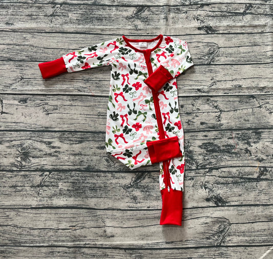 presale LR2203 Baby Kids Long Sleeves Red Green Bows Zipper Pant Rompers  D 5.14