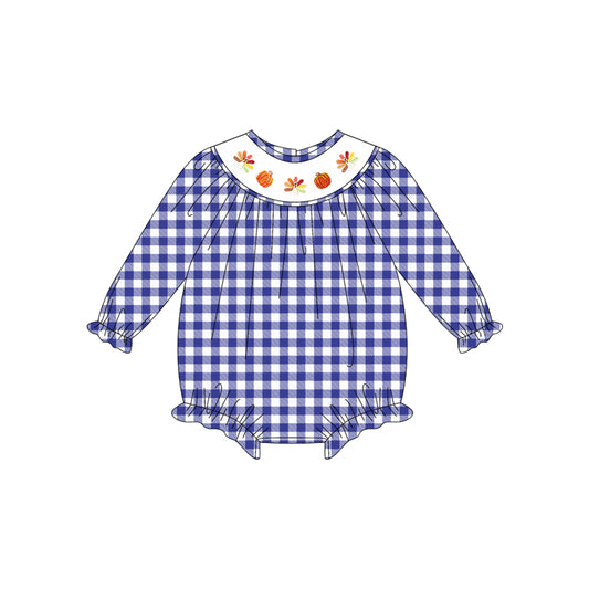 presale LR2204 Baby Girls Long Sleeves Blue Plaid Smocked Turkey Pumpkins Ruffle Rompers  D 5.14