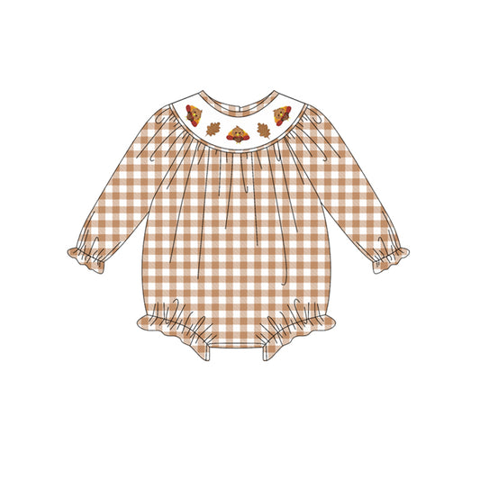 presale LR2205 Baby Girls Long Sleeves Khaki Plaid Smocked Turkey Leaves Ruffle Rompers  D 5.14