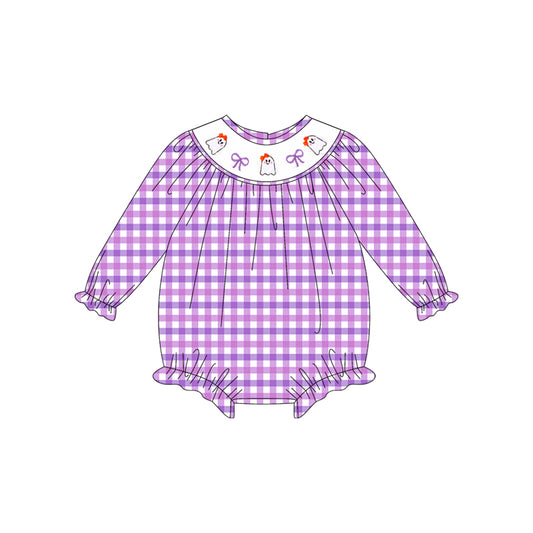 presale LR2206 Baby Girls Long Sleeves Purple Plaid Smocked Bows Ghosts Ruffle Rompers  D 5.14