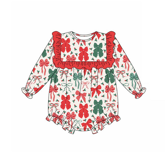 presale LR2209  Baby Girls Long Sleeves Red Green Bows Ruffle Rompers D 5.14