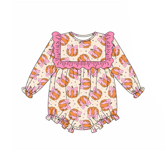 presale LR2211 Baby Girls Long Sleeves Pink Bows Pumpkins Ruffle Rompers  D 5.15
