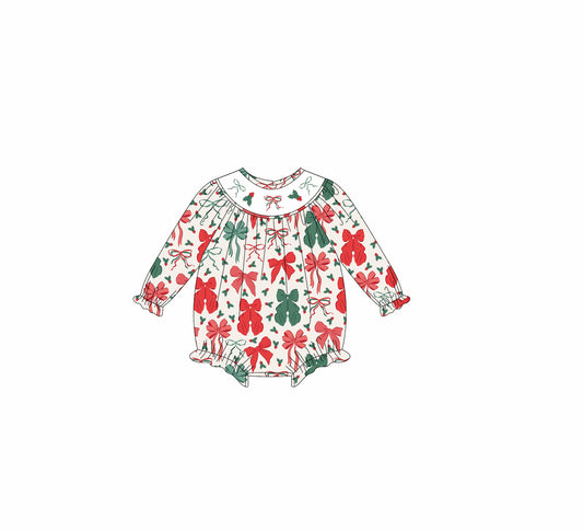 presale LR2217 Green red bows smocked girls Christmas romper D 5.16