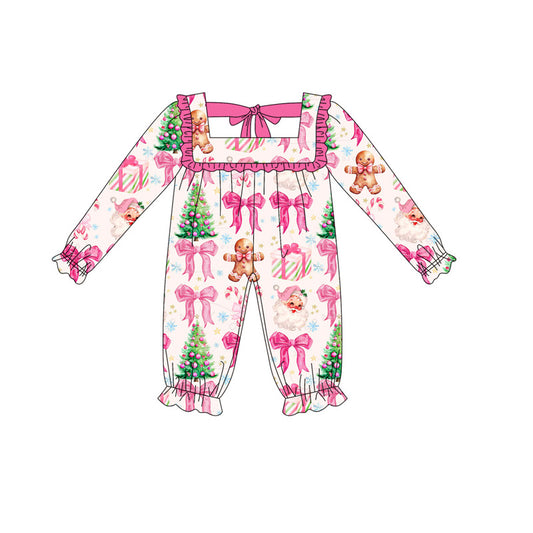 presale LR2221  Baby Girls Long Ruffle Sleeves Pink Santa Gingerbread Pant Rompers D 5.16