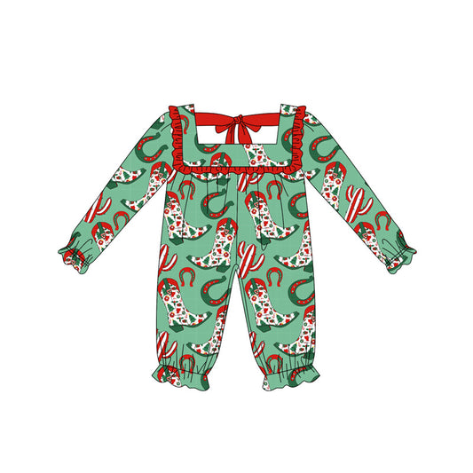 presale LR2222  Baby Girls Long Ruffle Sleeves Green Boots Cactus Pant Rompers D 5.16