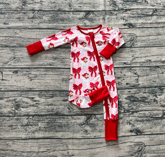 presale LR2223 Baby Girls Long Sleeves Red Santa Bows Zipper Rompers  D 5.30