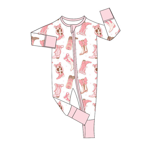 presale  LR2225 Baby Girls Long Sleeves Pink Bows Boots Zipper Pant Rompers   D 5.16