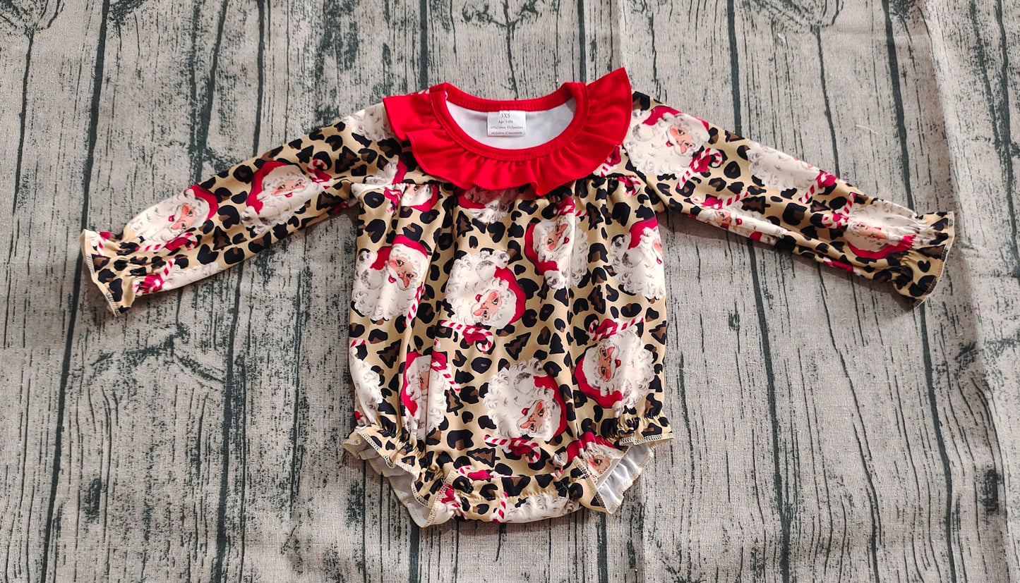 presale LR2237 Baby Girls Long Sleeves Leopard Santa Ruffle Rompers D 5.26
