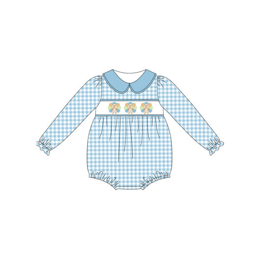 presale LR2245  Baby Girls Blue Plaid Long Sleeves Turkey Ruffle Rompers D 5.23