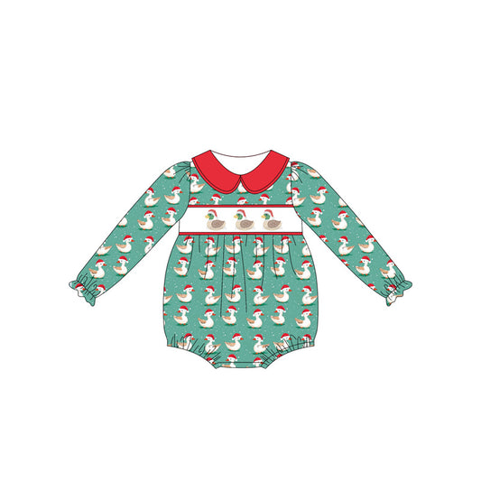 presale LR2247 Baby Girls Green Long Ruffle Sleeves Ducks Plaid Rompers D 5.23