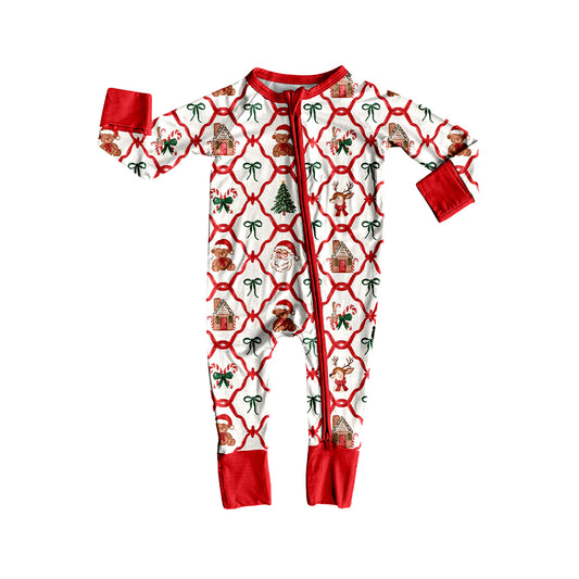 presale LR2248  Baby Kids Long Sleeves Red Bows Plaid Trees Gingerbread Zipper Rompers D 5.23