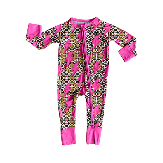 presale LR2250 Baby Girls Long Sleeves Pink Lightning Leopard Zipper Rompers D 5.24