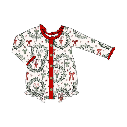 presale LR2252 Baby Girls Long Sleeves Red Green Bows Button Ruffle Rompers  D 5.24