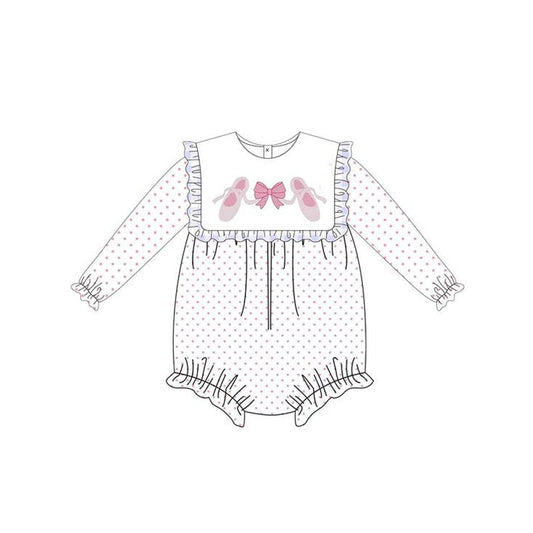 presale  LR2259 Baby Girls Long Sleeves Pink Bow Shoes Polka Dots Ruffle Rompers   D 5.29