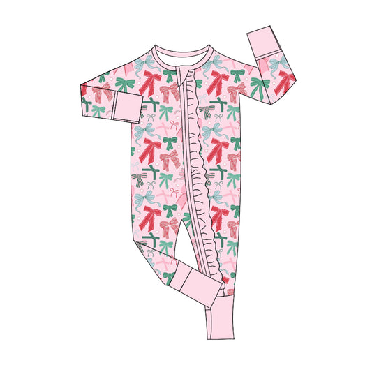 presale LR2266 Baby Girls Pink Long Sleeves Colorful Bows Zipper Rompers  D 5.29