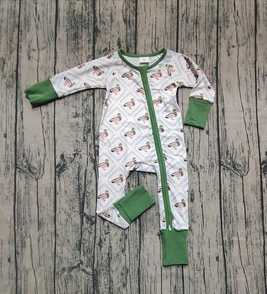 presale LR2269 Baby Girls Long Sleeves Green Ducks Plaid Zipper Rompers  D 6.9