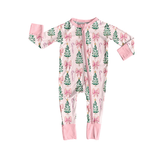 presale LR2283 Baby Girls Long Sleeves Pink Bows Trees Zipper Pant Rompers  D 6.2