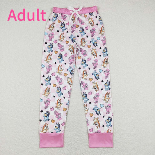 P0393  Adult female cartoon dog love pink and white plaid trousers