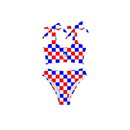 preorder S0288 Adult red blue and white plaid National Day swimsuit set