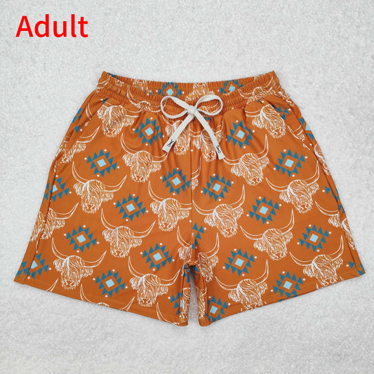 S0462 Adult men's alpine bull head geometric orange and brown swimming trunks