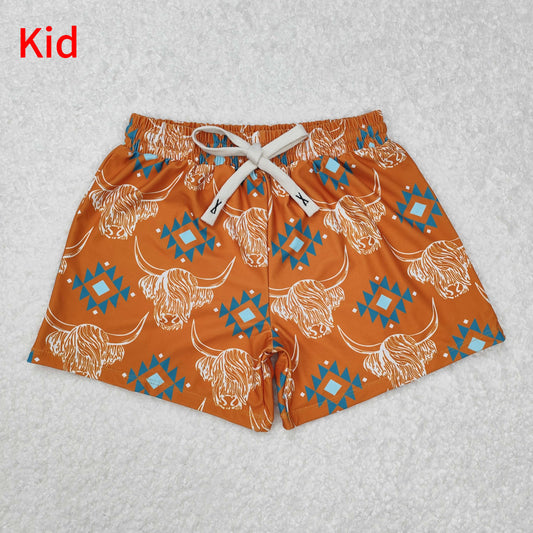 S0463 Orange and brown swimming trunks with alpine bull head geometric pattern