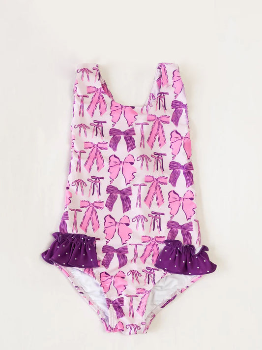 presale S0533  Baby Girls Purple Bows Ruffle One Piece Swimsuits  2025  2.17