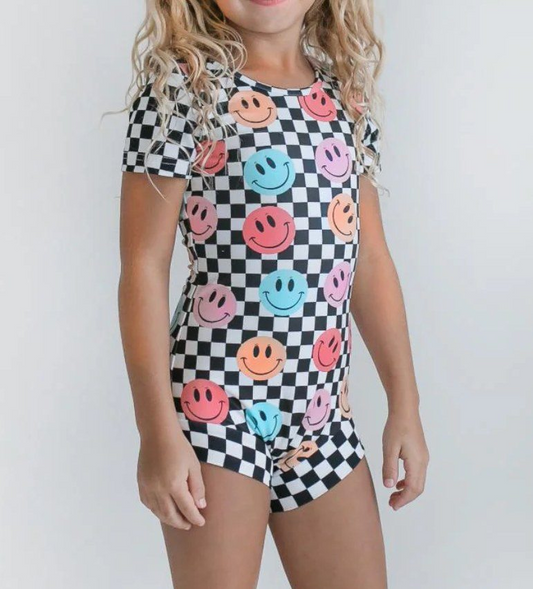 presale S0534 Baby Girls Black Checkered Smile One Piece Swimsuits   2025  2.17
