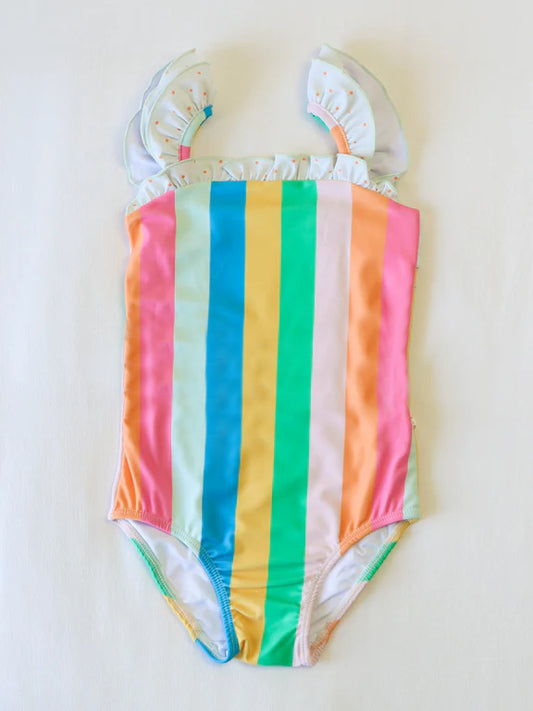 presale S0550 Baby Girls Flutter Sleeves Colorful Stripe One Piece Swimsuits  D 4.2