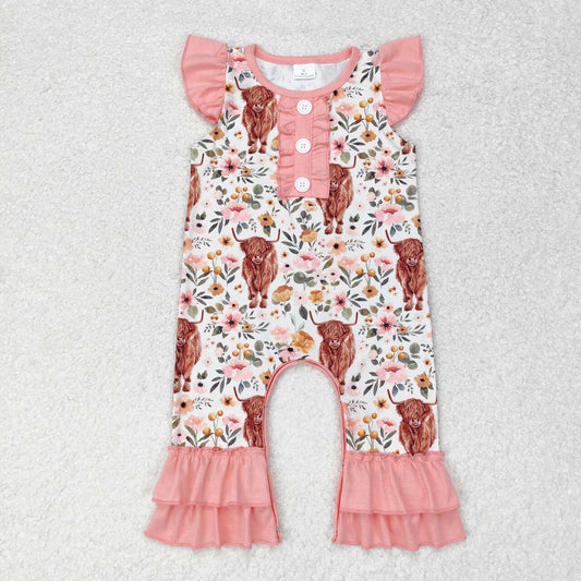 SR0010 New summer Pink Fly-Sleeve Ruffled Buttoned Bull Tau Floral Bodysuit