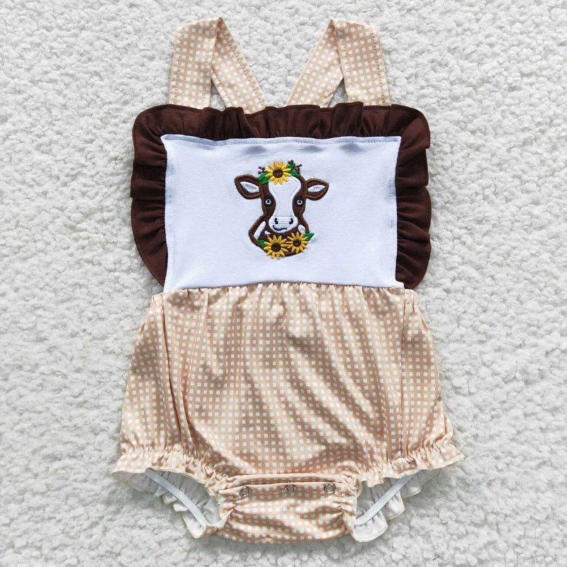 SR0312  Girls Embroidered cow pink lace vest jumpsuit