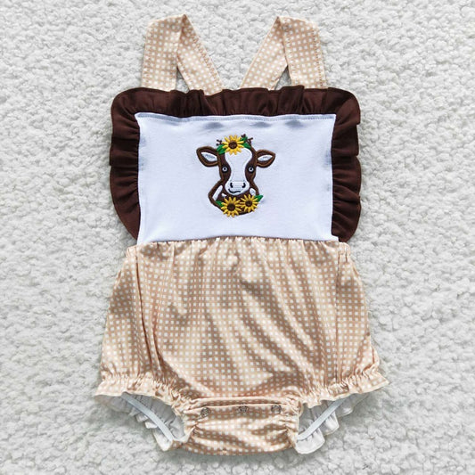 SR0312  Girls Embroidered cow pink lace vest jumpsuit