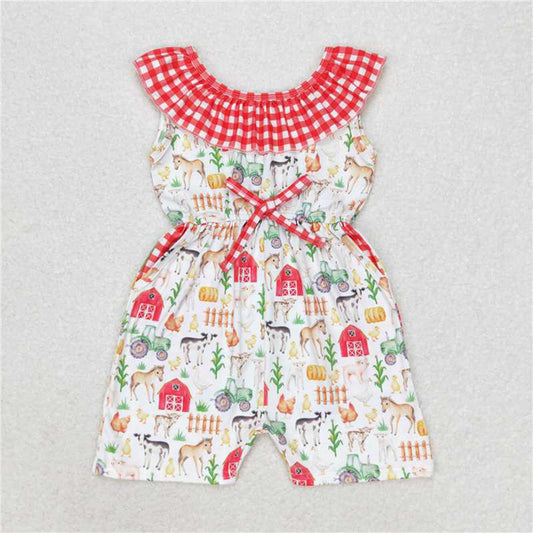 SR1301  Baby Girls Red Farm Checkered Summer Pockets Shorts Jumpsuits  D 3.21