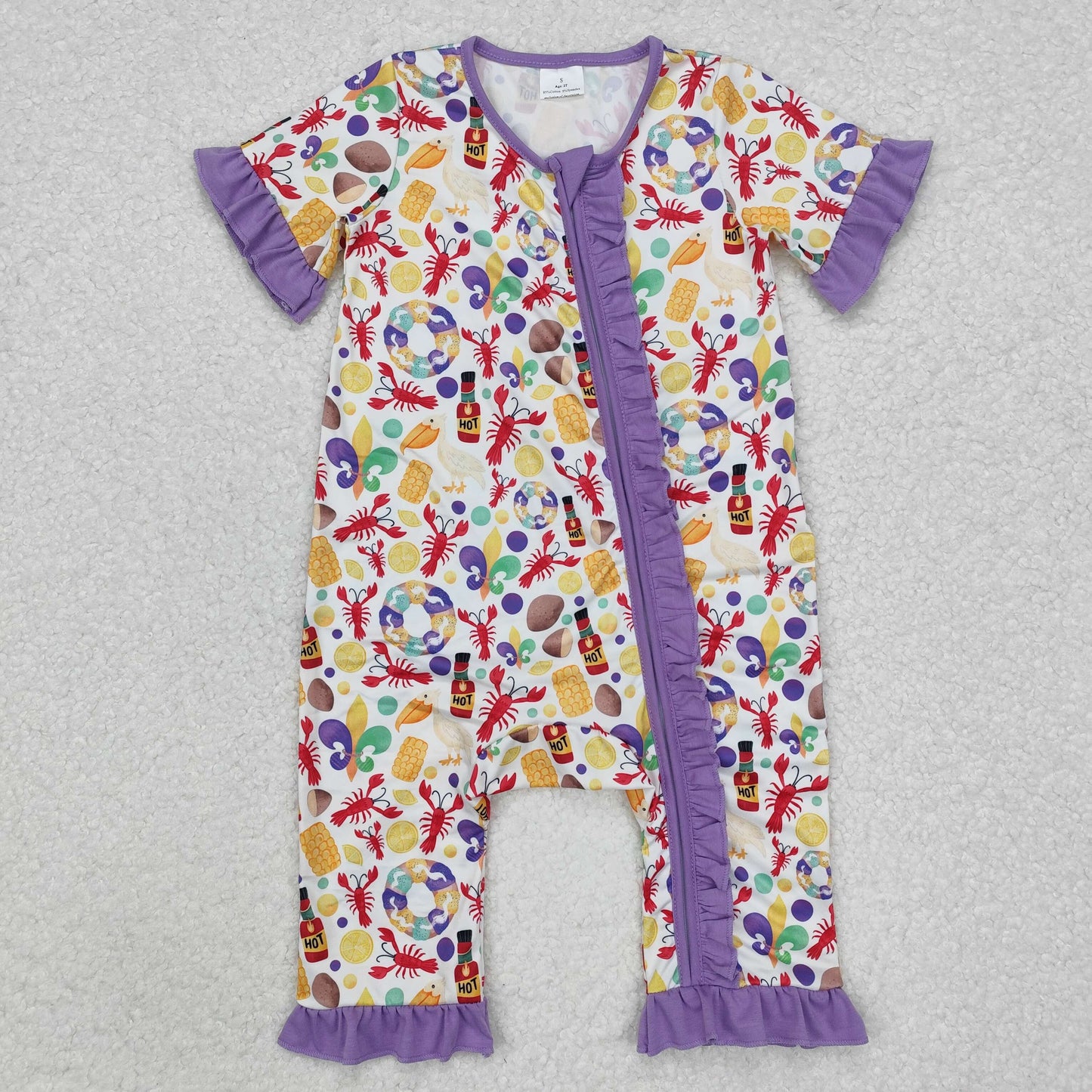 SR2019 Mardi Gras Lobster Purple Lace White Zipper Short Sleeve Bodysuit