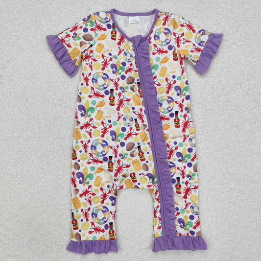 SR2019 Mardi Gras Lobster Purple Lace White Zipper Short Sleeve Bodysuit