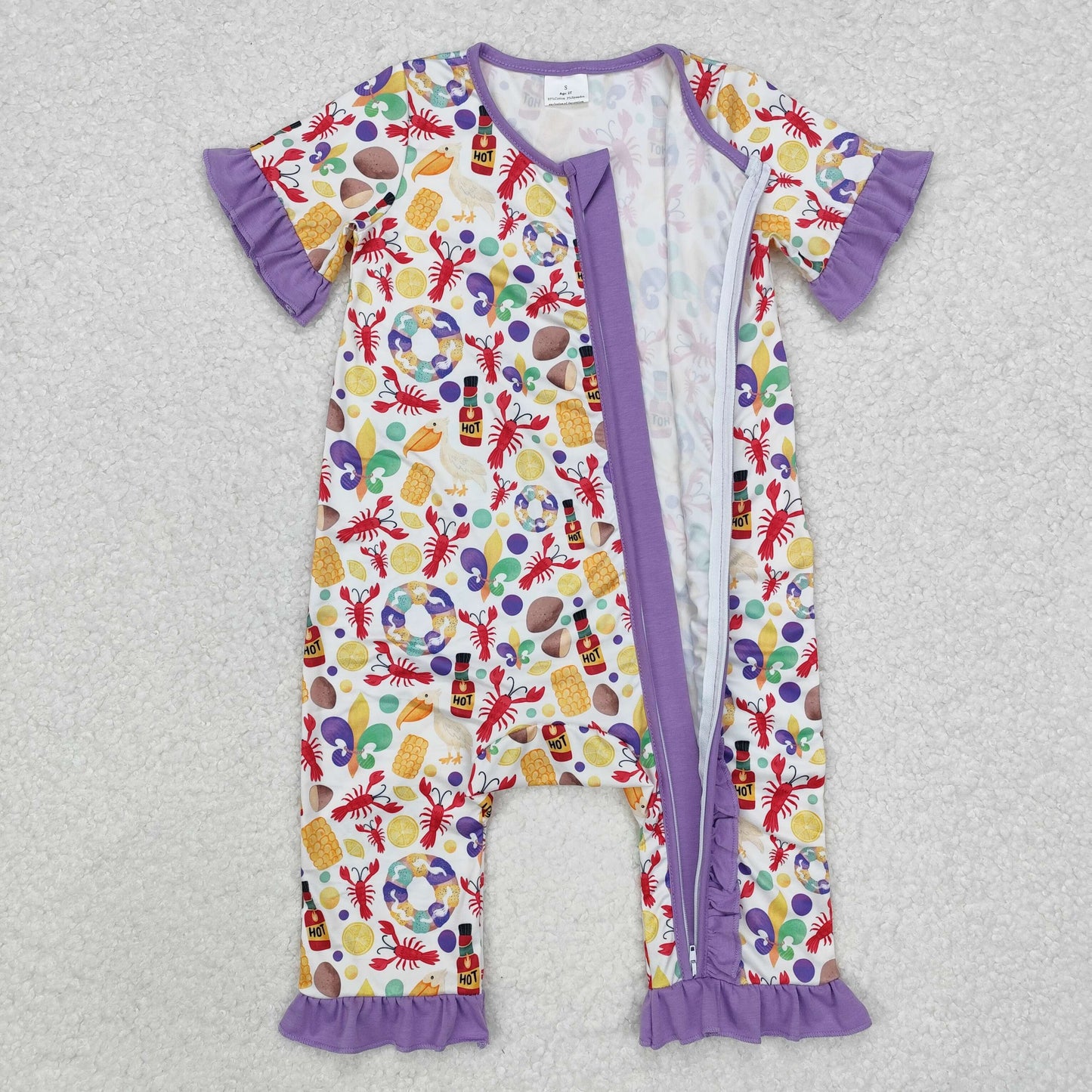SR2019 Mardi Gras Lobster Purple Lace White Zipper Short Sleeve Bodysuit