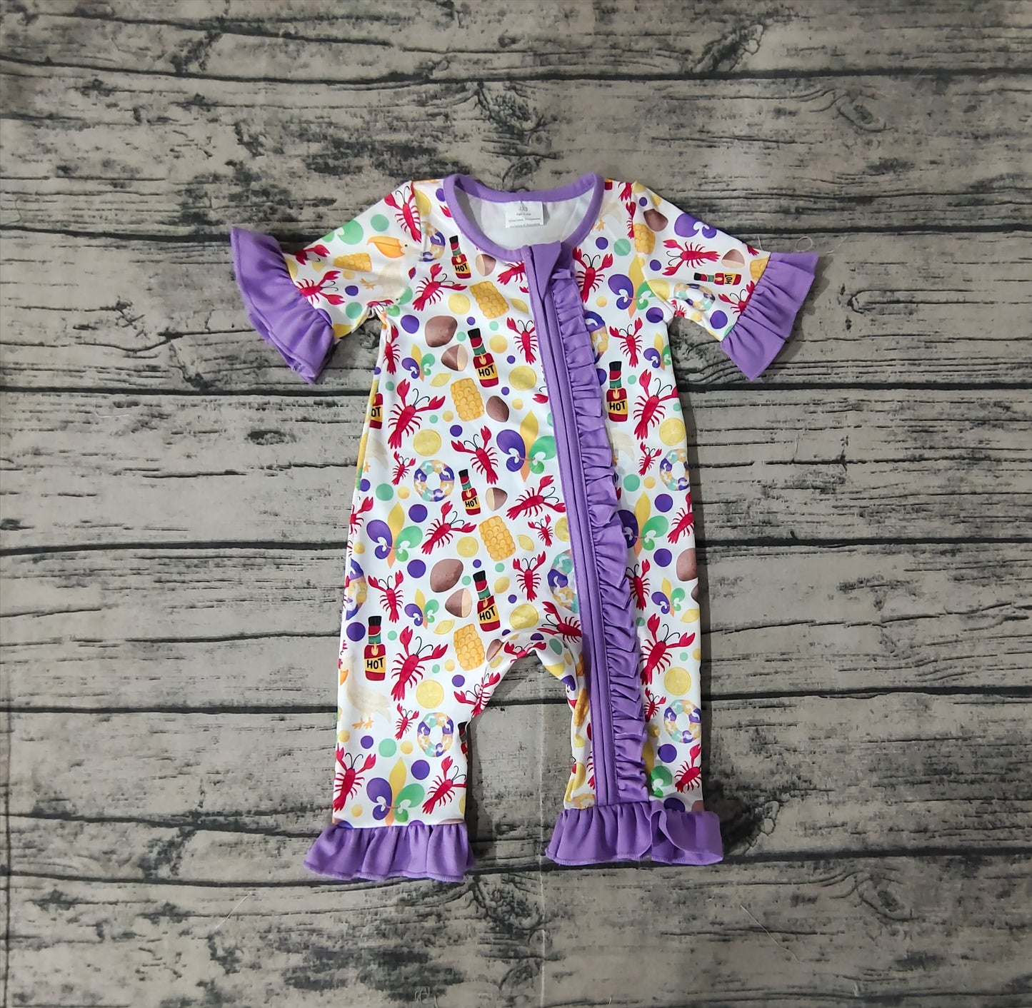 SR2019 Mardi Gras Lobster Purple Lace White Zipper Short Sleeve Bodysuit