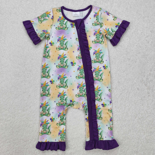 SR2068 Mardi Gras Croc Purple Lace Zipper Short Sleeve Bodysuit