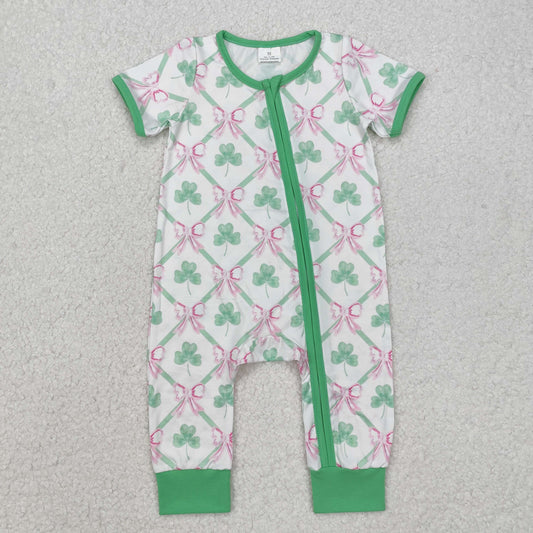 SR2109  Green and white zip-up short-sleeved clovers and bows