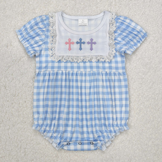 SR2133 Baby Infant Girls Easter Blue Checkered Cross Rompers  D 3.6